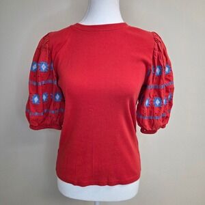 LOFT Red Ribbed Knit Top Women Small Blue Embroidered Eyelet Puff Sleeve